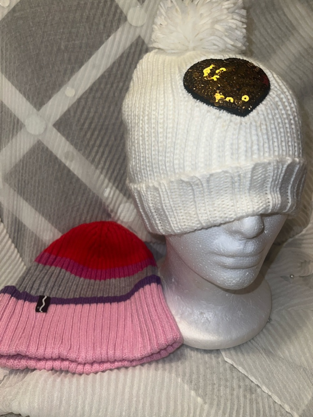Kids White Pom Beanie with Sequin Heart - Brand Unspecified
